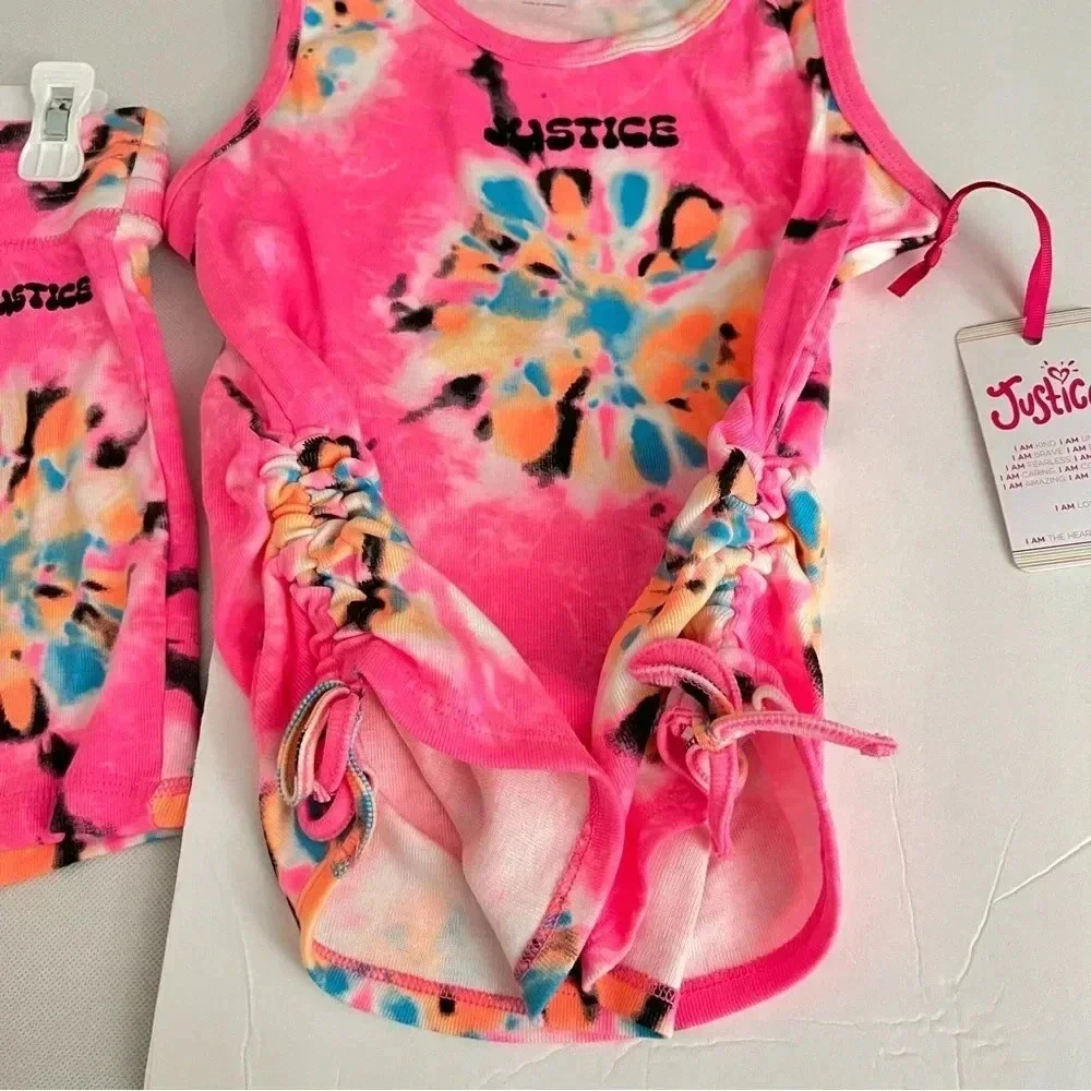 Justice Girls Cinch Side Tank & Short Outfit Set Size Large (12/14) Pink Tie-Dye